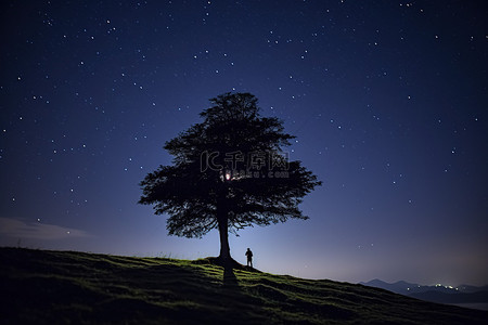夜晚孤独背景图片_一棵孤独的树矗立在星空下的山顶上