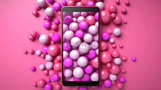 放置在粉红色球背景中的手机的 3D 渲染