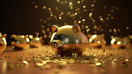 金色小猪背景图片_多种尺寸的金色存钱罐是一个 3D 渲染概念，在金色背景上有一连串的硬币