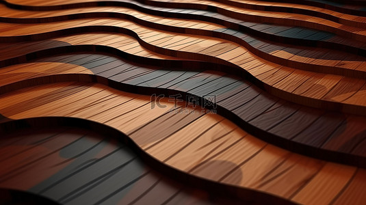 木板棕色背景图片_抽象波浪纹理木板在背景 3D 插图中摇曳