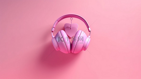 孤立的粉红色背景上心形粉红色耳机的 3D 渲染
