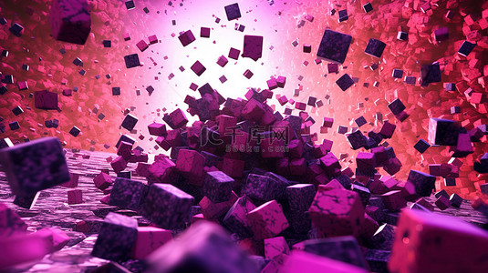 深粉色背景背景背景图片_彩色 3D 立方体行星的数字抽象，以绚丽的粉色和紫色色调爆炸