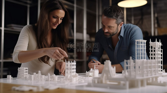 建背景图片_男性和女性建筑师合作和分析 3D 打印模型