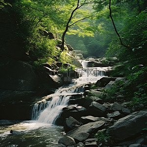 绿色森林中岩石路径上的瀑布