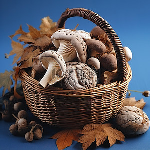 蓝色桌布上篮子里的野生蘑菇