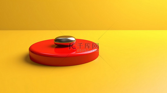 科技信号源背景图片_卡通手在充满活力的黄色背景上按下红色按钮的 3D 渲染