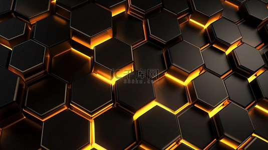 3D 渲染抽象背景，带有豪华的黄光和黑色几何六边形
