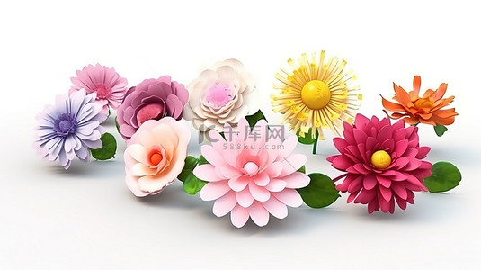 婚礼效果图背景图片_卡通风格 3d 花卉效果图，用于卡角和在白色背景上隔离的演示 d cor