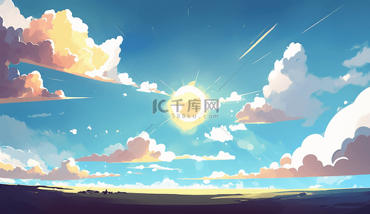 云朵太阳天空蓝色创意图案彩色背景装饰插画