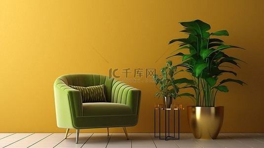 简约的金色墙壁，配有舒适的单人沙发椅边桌和地板上郁郁葱葱的绿色植物 3D 渲染