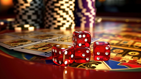 合成图像中赌场令牌和骰子围绕 3D 扑克牌