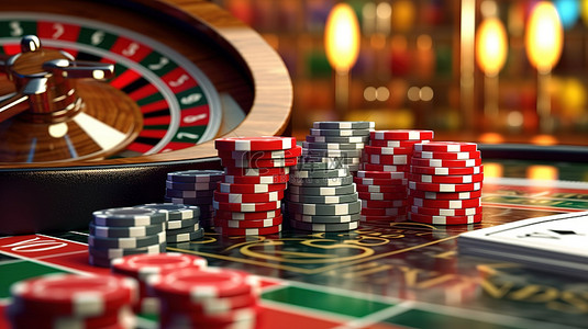 赌博盛宴 3D 插图，包含轮盘赌卡骰子筹码和老虎机背景等赌场必需品