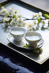 特产清酒背景图片_银盘上放着两个白色杯子，里面装着绿茶