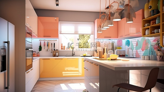 亚克力奖牌背景图片_现代斯堪的纳维亚厨房设计，配有光滑橱柜亚克力台面霓虹灯和 3D 渲染