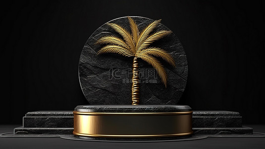 黑色背景下 3D 渲染中石质讲台上闪闪发光的棕榈树