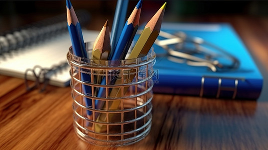 蓝色大学背景图片_重点关注文具放大镜蓝色铅笔彩色墨水笔和普通铅笔以及 3D 笼插图中的学校笔记本