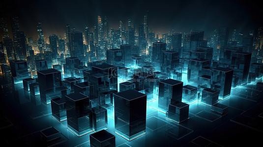 动态 3D 渲染中的夜间未来立方城市