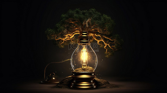 老式煤油灯，在 3D 渲染中的黑色背景下设有一棵发光的树