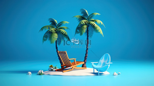 蓝色背景 3D 渲染上的度假氛围低聚岛屿棕榈树和躺椅