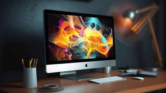 公司网页设计背景图片_3D 渲染的计算机屏幕在桌面上显示图形设计