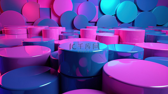 色块图形背景图片_闪闪发光的蓝色和紫色块在充满活力的粉红色背景上形成一个圆圈，3D 渲染的抽象插图