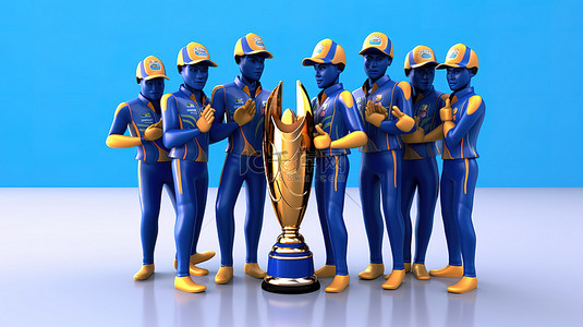 斯里兰卡和纳米比亚板球队使用 3d 风格银色奖杯和比赛装备进行比赛