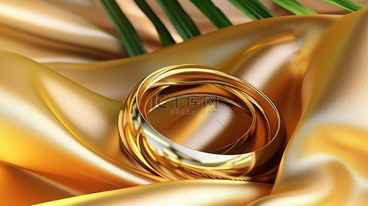 徽章金色圆环背景图片_金色棕榈叶和圆环 3D 渲染豪华纺织面料