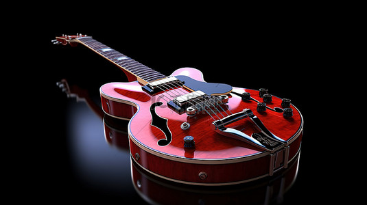 令人惊叹的复古风格红色电吉他在黑色背景下以 3D 渲染