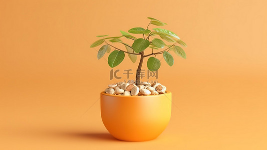浅橙色背景下盆中硬币花和幼苗植物的长期货币增长 3D 渲染