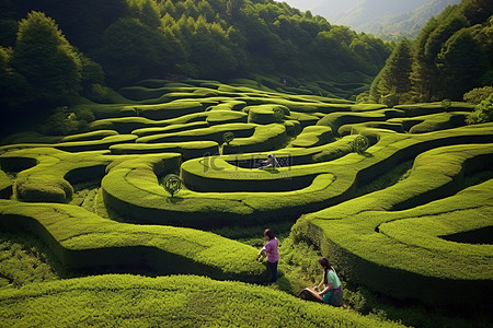 春天旅行背景图片_有些人在茶园里使用迷宫