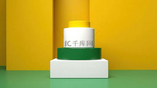 产品展示广告白色和黄色 3D 讲台反对郁郁葱葱的绿色背景