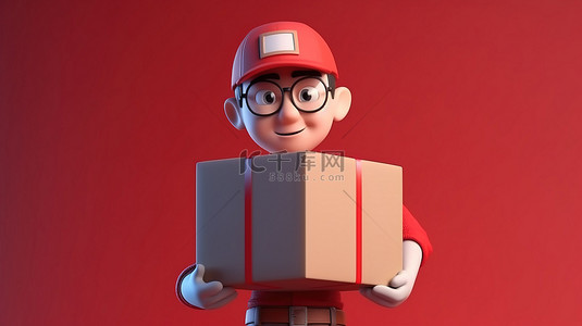 新角色背景图片_3D 渲染一个穿着红色背心的角色，携带一个搬到新公寓或办公室的盒子
