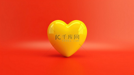 黄色单色背景上的爱情符号红心玩具 3D 渲染前视图