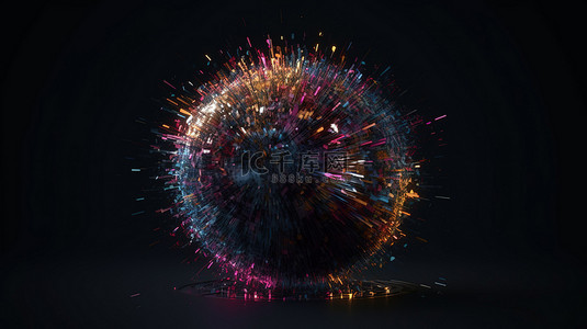 发光的暗球体发射多色粒子 3d 渲染描绘了先进的技术和快速的数据传输
