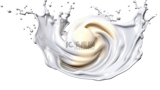 牛奶漩涡背景图片_3d 渲染插图牛奶漩涡和飞溅在白色背景上隔离的液体形式