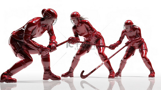 女曲棍球运动员在白色背景的 3D 渲染中用棍子击球