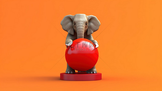 非洲大象在橙色球上保持平衡并举着停车标志的 3D 插图