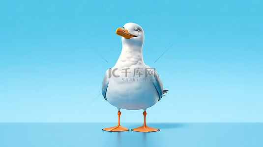 海上的鸟背景图片_3d 插图蓝色背景与卡通海鸥高高站立