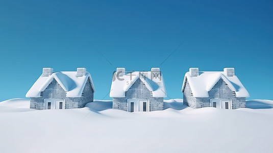 三栋相同的房子，屋顶是雪的，在蓝色背景下的冬季 3d 渲染中，有雪堆