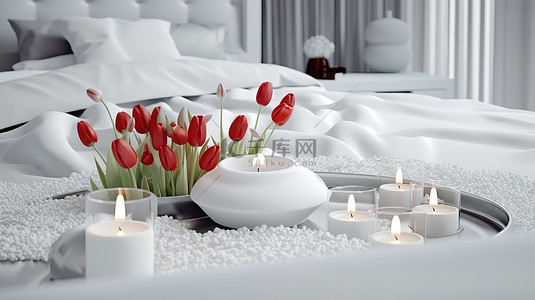 绿色新鲜背景图片_雪白的床装饰着新鲜的郁金香和装饰蜡烛 3d 渲染