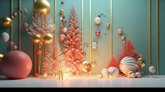 球的元素背景图片_明亮的节日明信片 3D 渲染圣诞节背景与欢快的元素
