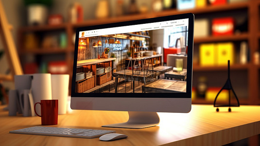 3d网站背景图片_电脑屏幕上在线购物界面的桌面 3D 渲染
