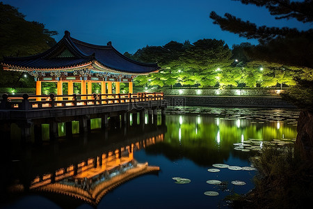 城堡城堡背景图片_韩国花园的夜晚