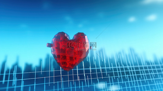 蓝色医学背景上带有心电图的充满活力的红心的 3D 渲染