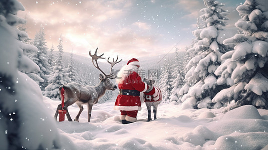 新年人物背景图片_节日 3D 渲染快乐驯鹿和圣诞老人