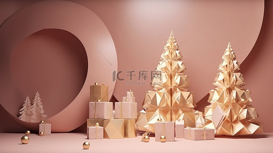 2020圣诞老人背景图片_节日期间，几何形状的装饰品和礼品盒以 3D 渲染装饰圣诞树