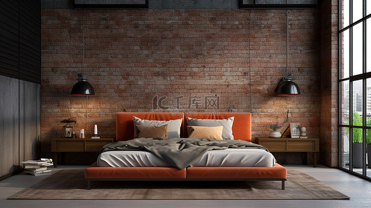 棕色砖墙背景图片_乡村阁楼风格卧室的 3D 渲染，配有混凝土地板和红砖墙，配有舒适的棕色织物床