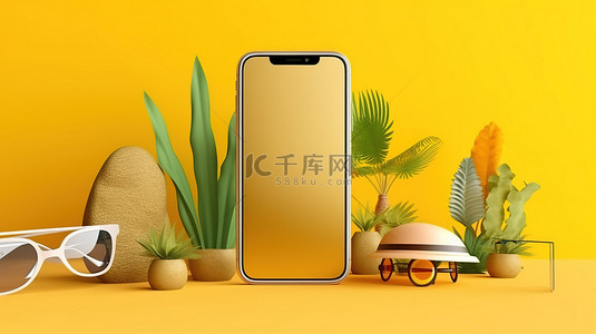 旅游黄色背景背景图片_阳光明媚的黄色夏季背景下手机模型的 3D 渲染