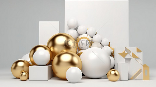 创意艺术字设计背景图片_白色和金色组合物中几何形状的创意 3D 渲染