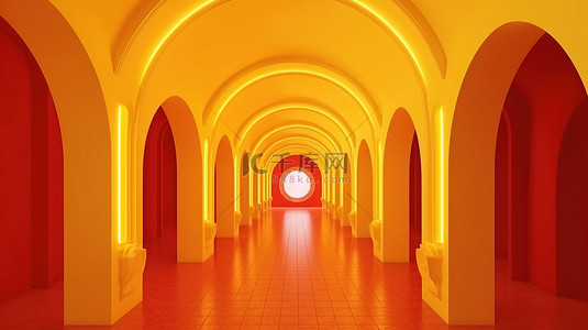 带拱形人行道的黄色走廊令人惊叹的 3D 渲染